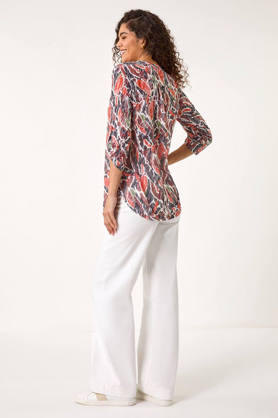 Roman Red Abstract Print Burnout V-Neck Shirt