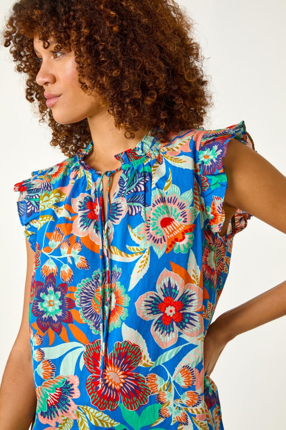 Roman Blue Floral Printed Frill Sleeve Top