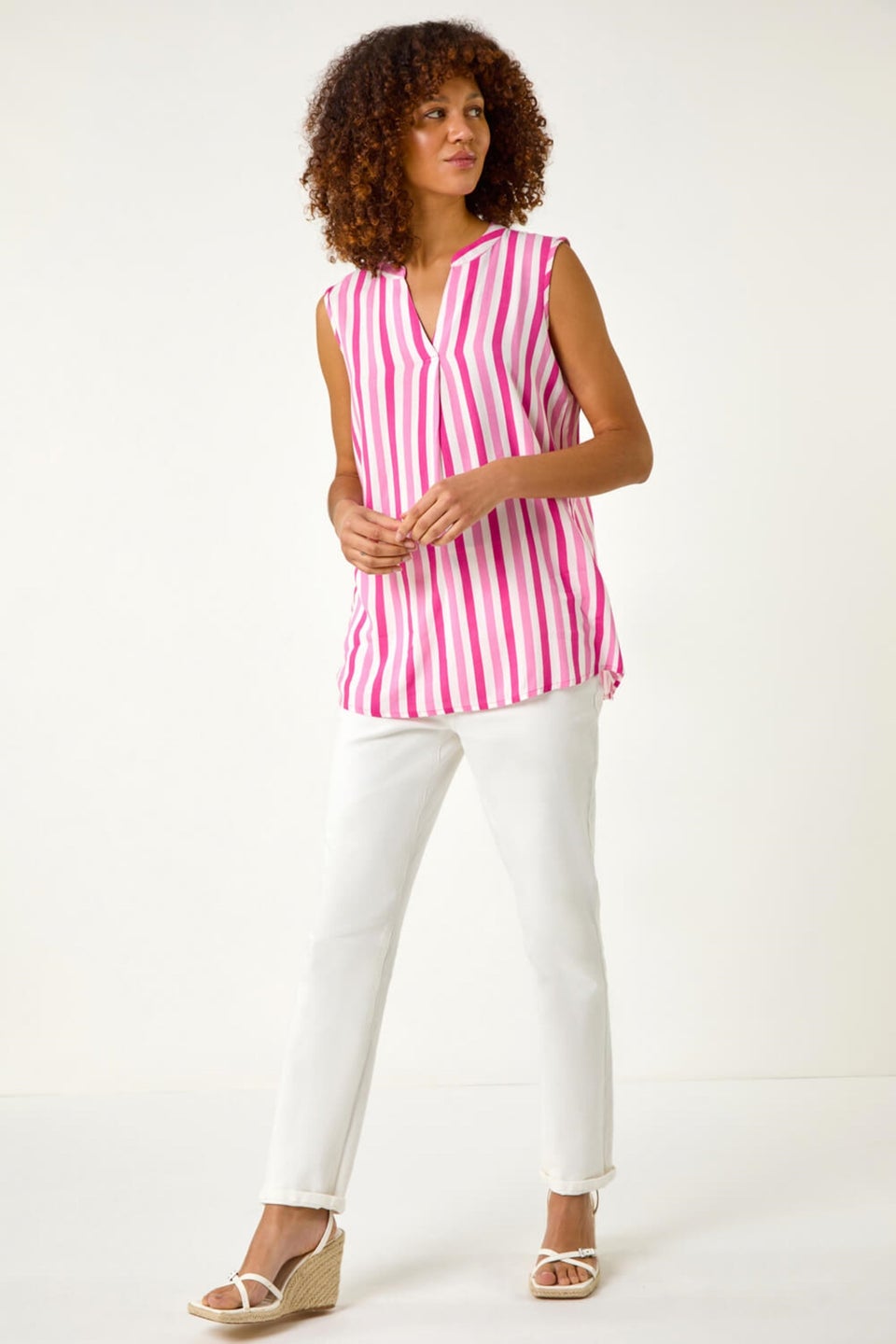 Roman Pink Stripe Print Pleated Vest Top