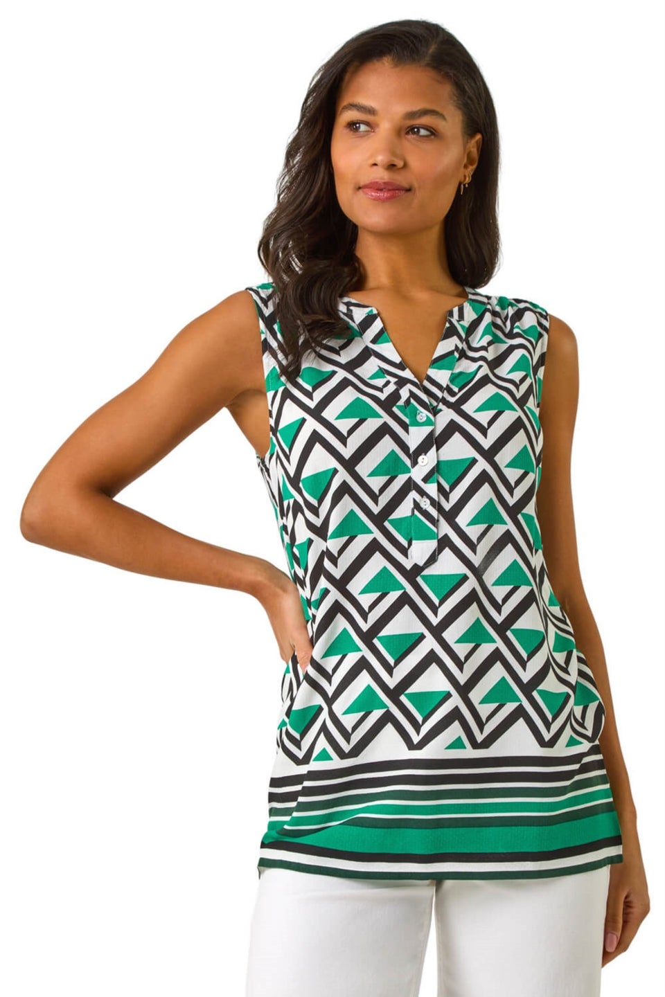 Roman Green Geo Print Border V-Neck Vest