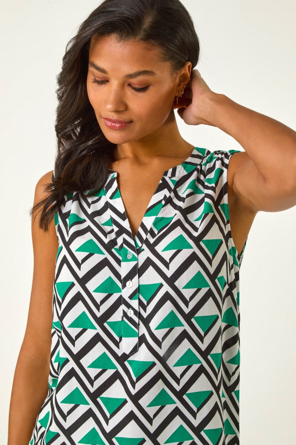 Roman Green Geo Print Border V-Neck Vest