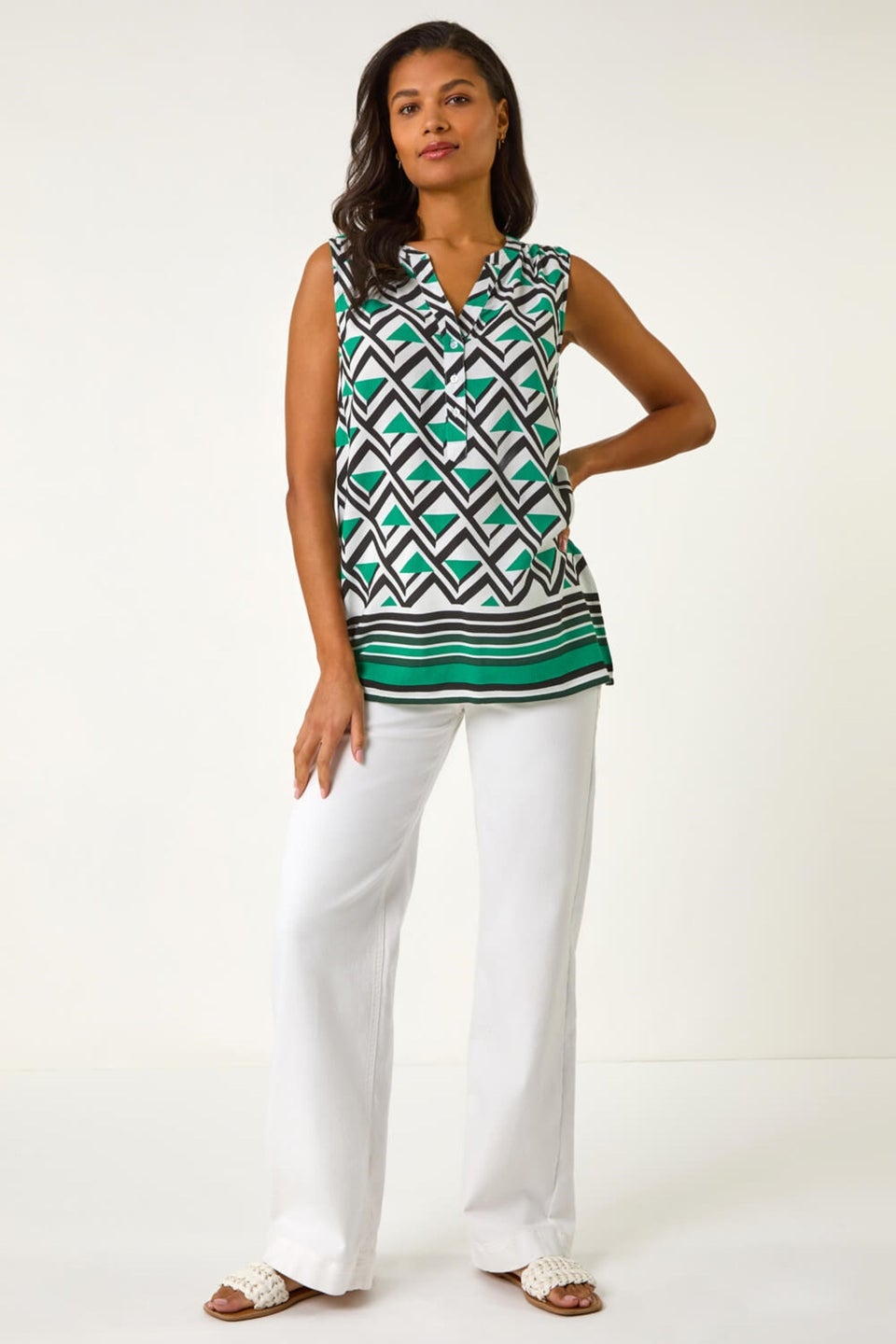 Roman Green Geo Print Border V-Neck Vest