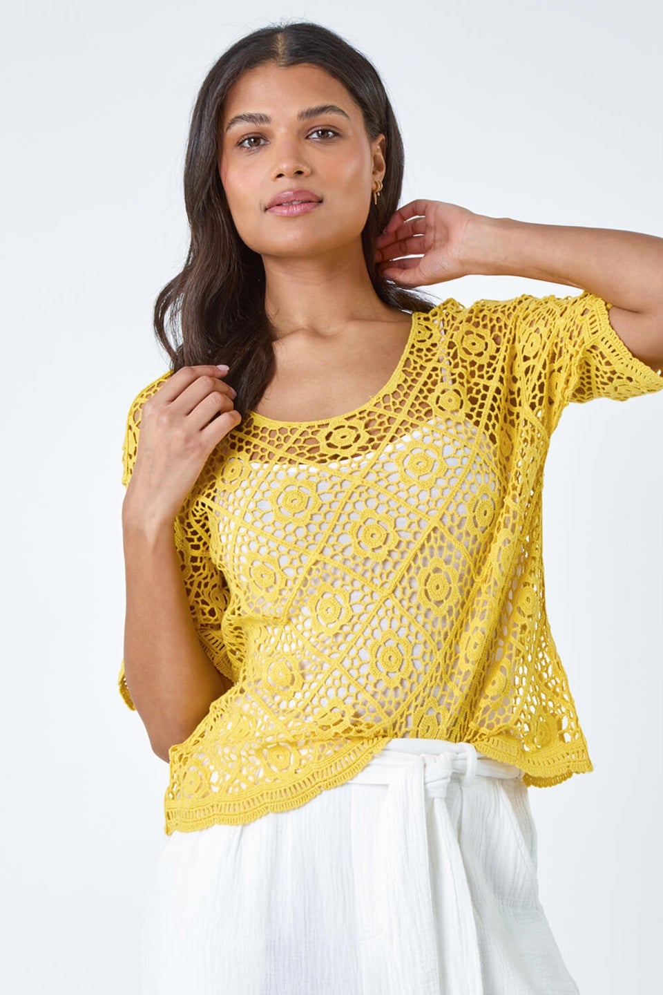Roman Yellow Cotton Crochet T-Shirt