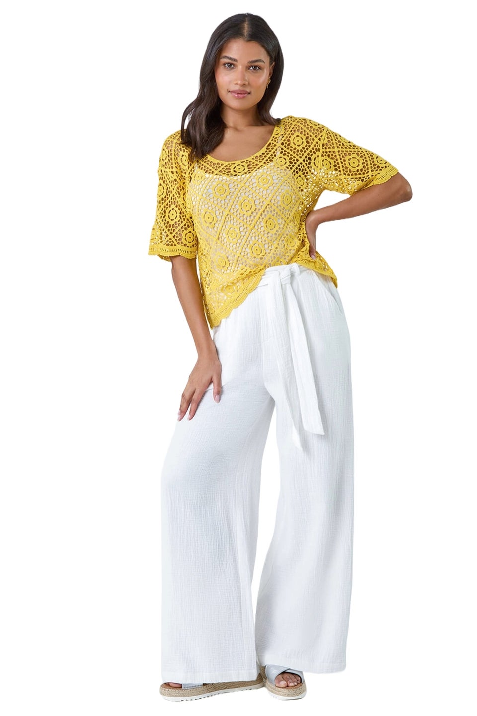 Roman Yellow Cotton Crochet T-Shirt