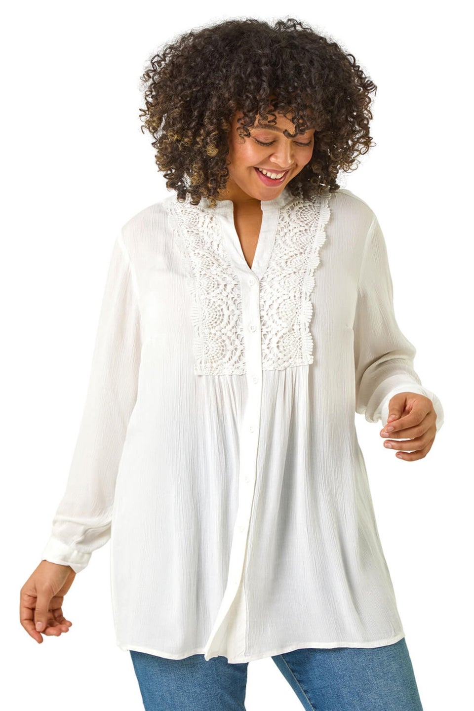 Roman Ivory Curve Lace Trim Pintuck Blouse