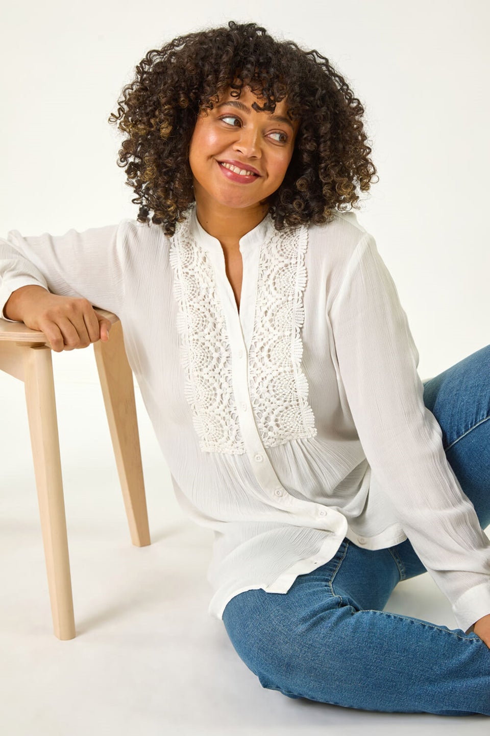 Roman Ivory Curve Lace Trim Pintuck Blouse