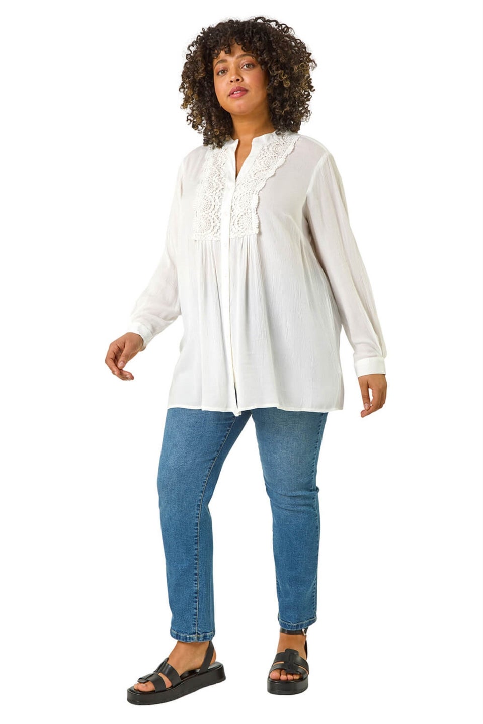 Roman Ivory Curve Lace Trim Pintuck Blouse