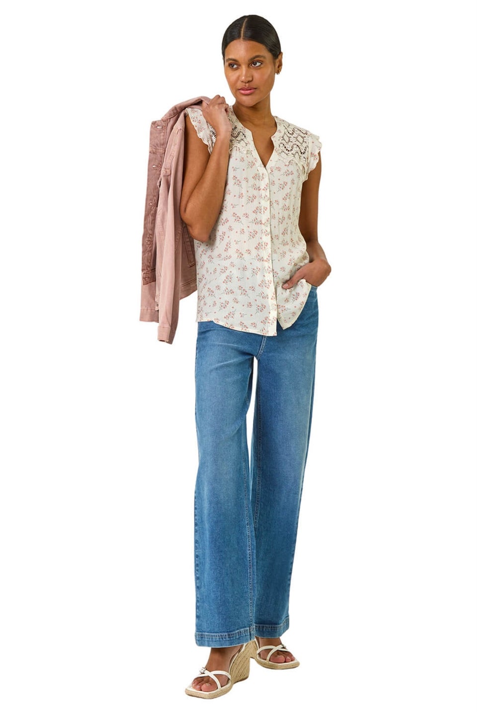 Roman Pink Floral Print Lace Yoke Blouse