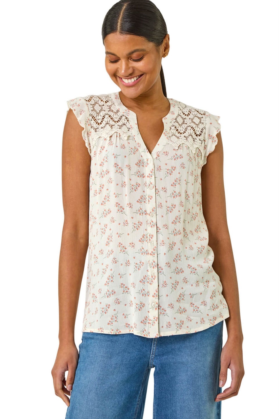 Roman Pink Floral Print Lace Yoke Blouse