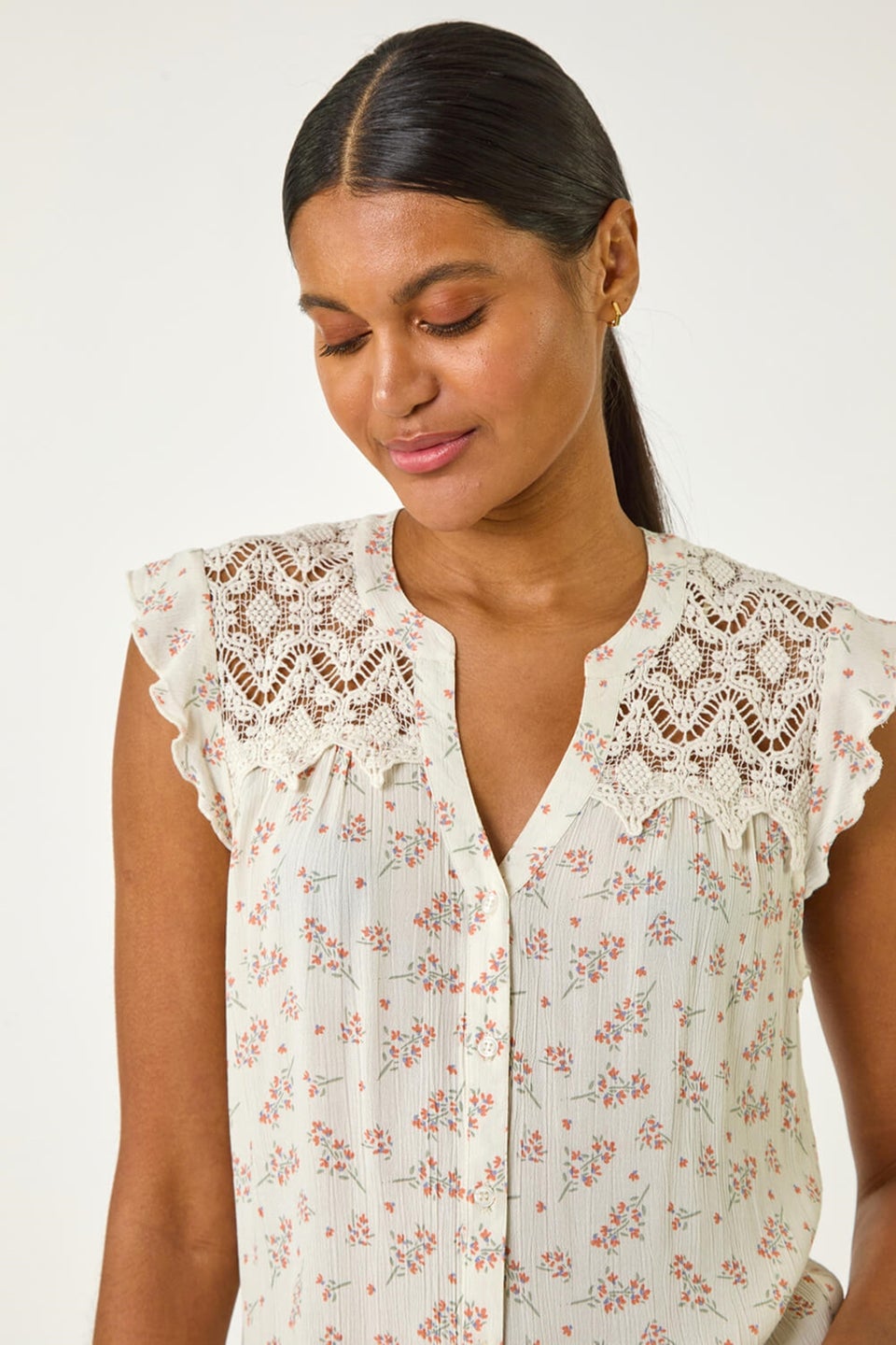 Roman Pink Floral Print Lace Yoke Blouse