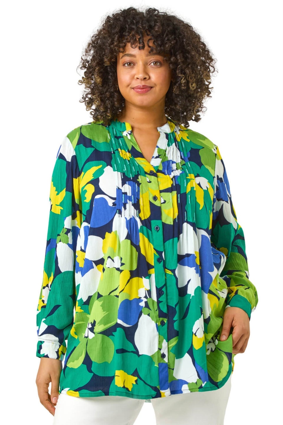 Roman Lime Curve Floral Print Pintuck Blouse