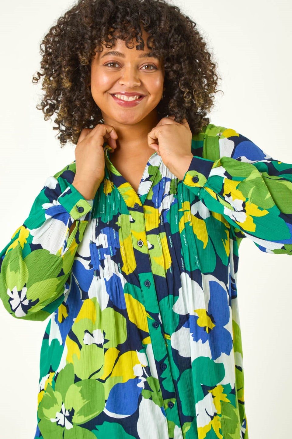 Roman Lime Curve Floral Print Pintuck Blouse