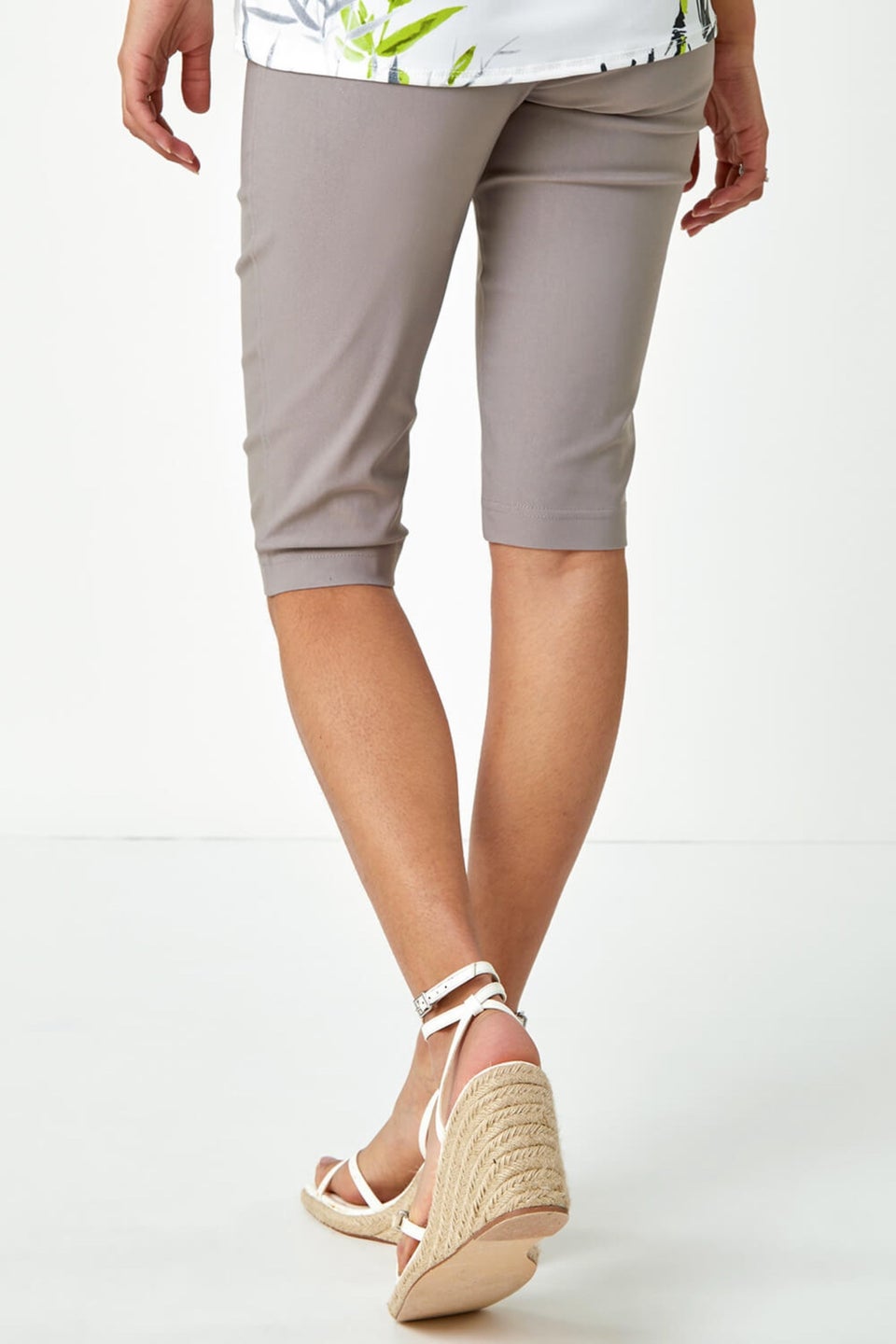 Roman Taupe Elastic Waist Knee Length Stretch Shorts