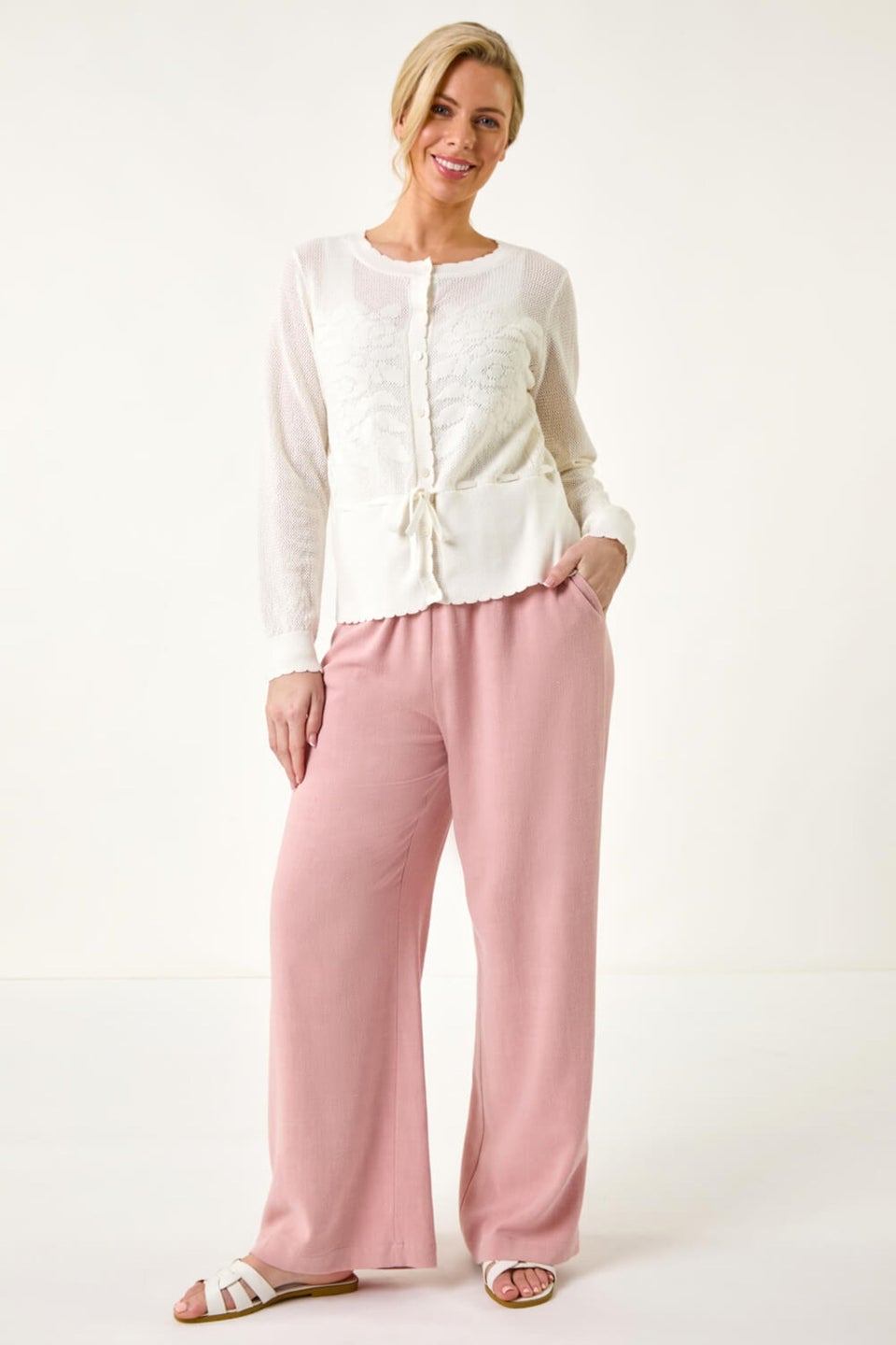 Roman White Petite Floral Button Up Cardigan