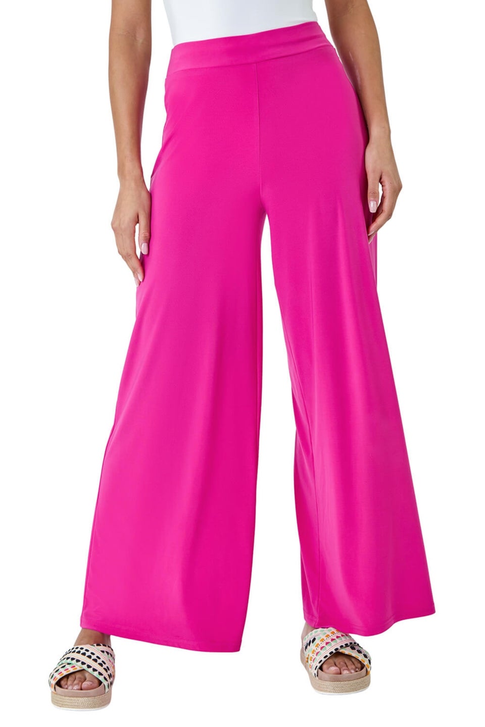 Roman Pink Elastic Waist Wide Leg Stretch Trousers