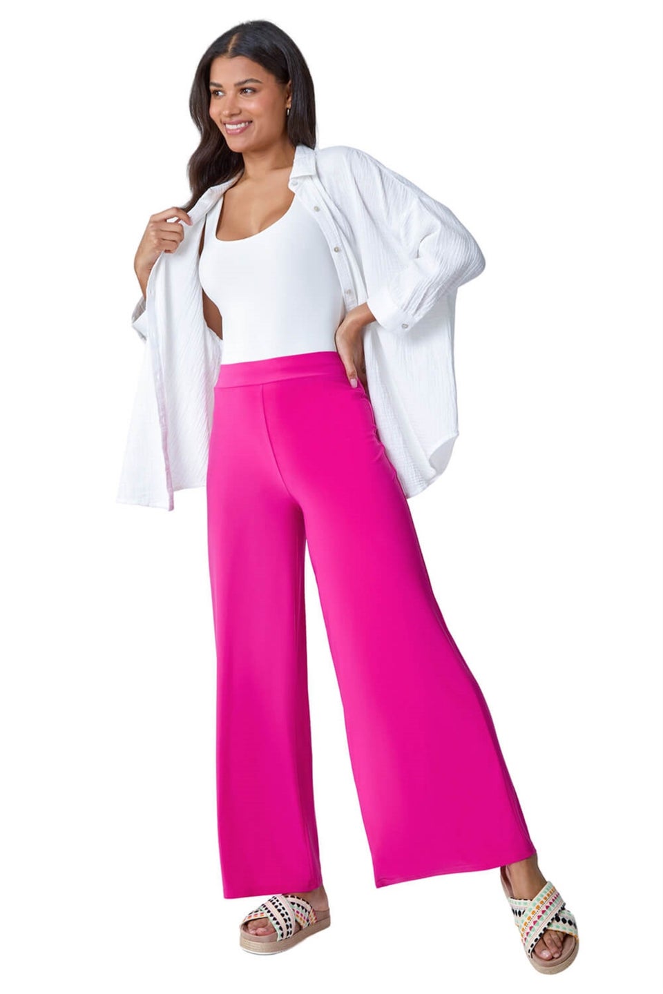 Roman Pink Elastic Waist Wide Leg Stretch Trousers