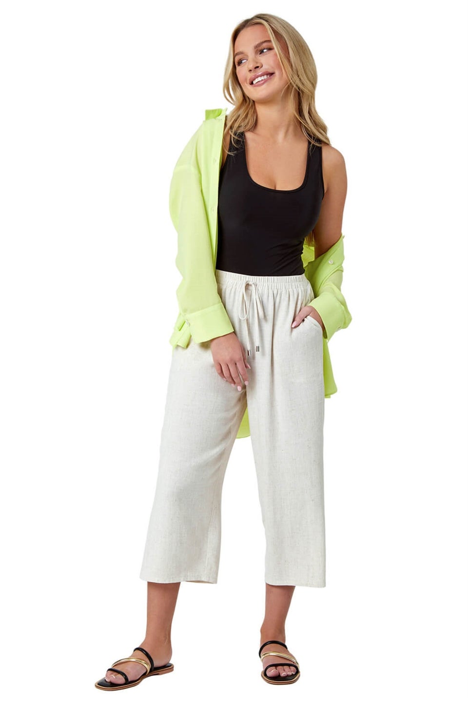 Roman Natural Petite Linen Mix Wide Cropped Trousers