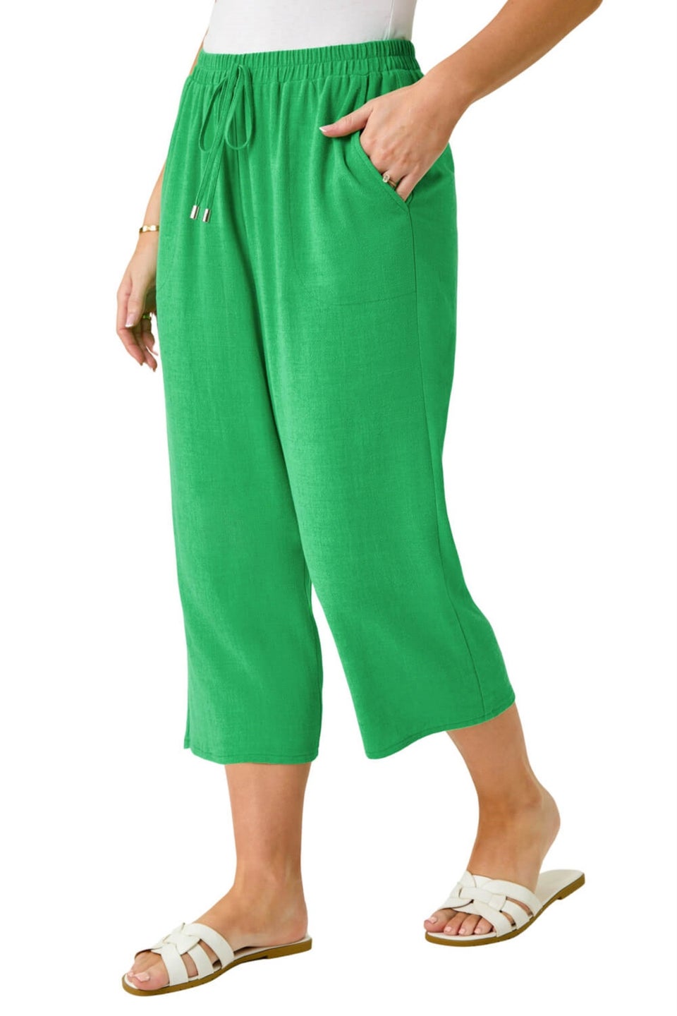Roman Emerald Petite Linen Mix Wide Cropped Trousers