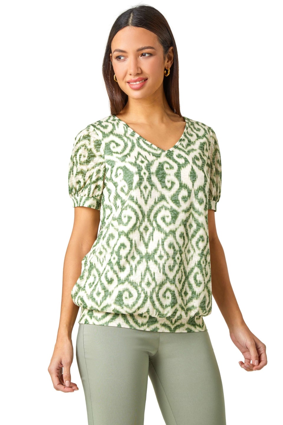 Roman Green Aztec Print V-Neck Blouson Hem Top