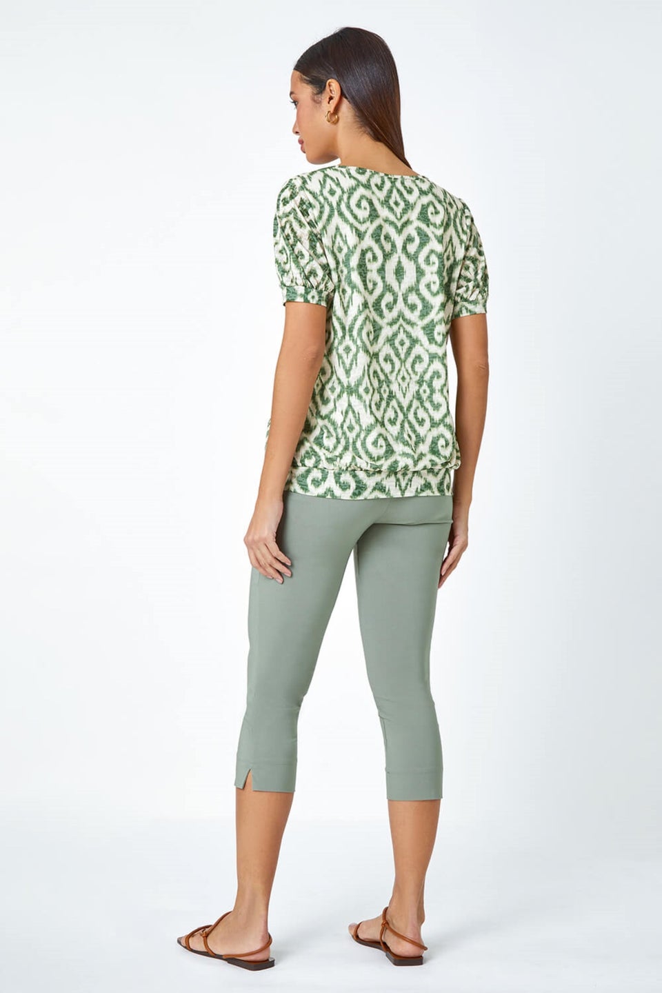 Roman Green Aztec Print V-Neck Blouson Hem Top