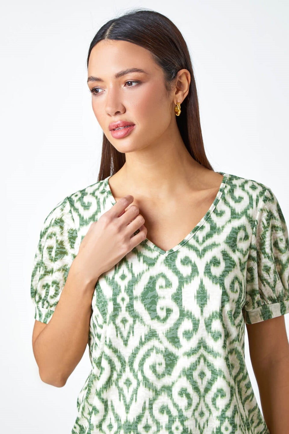 Roman Green Aztec Print V-Neck Blouson Hem Top