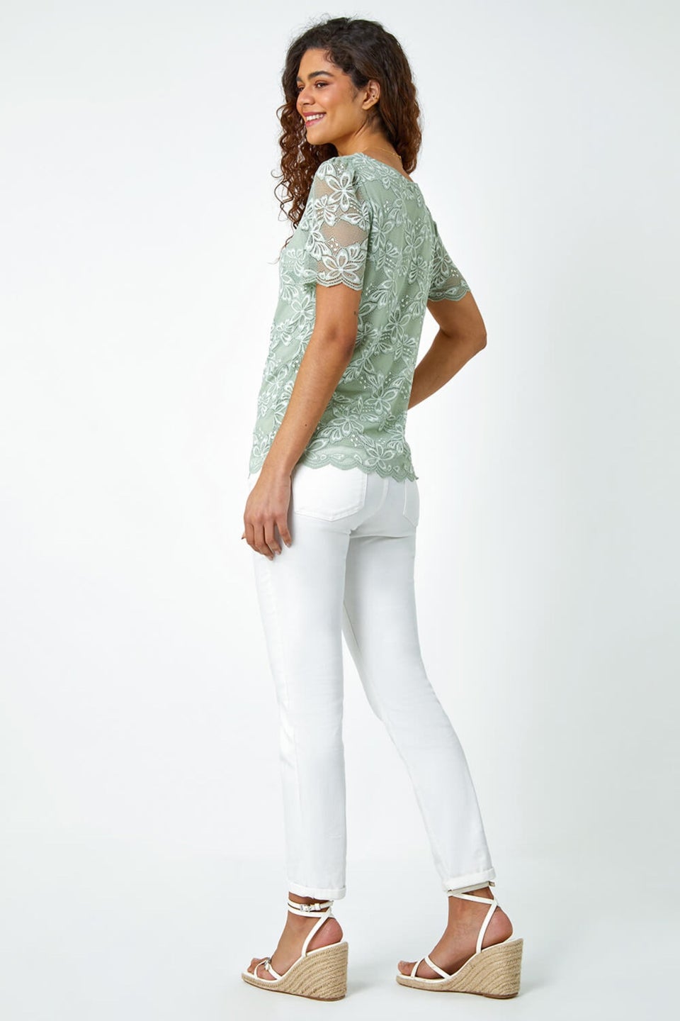 Roman Sage Floral Stretch Lace Top