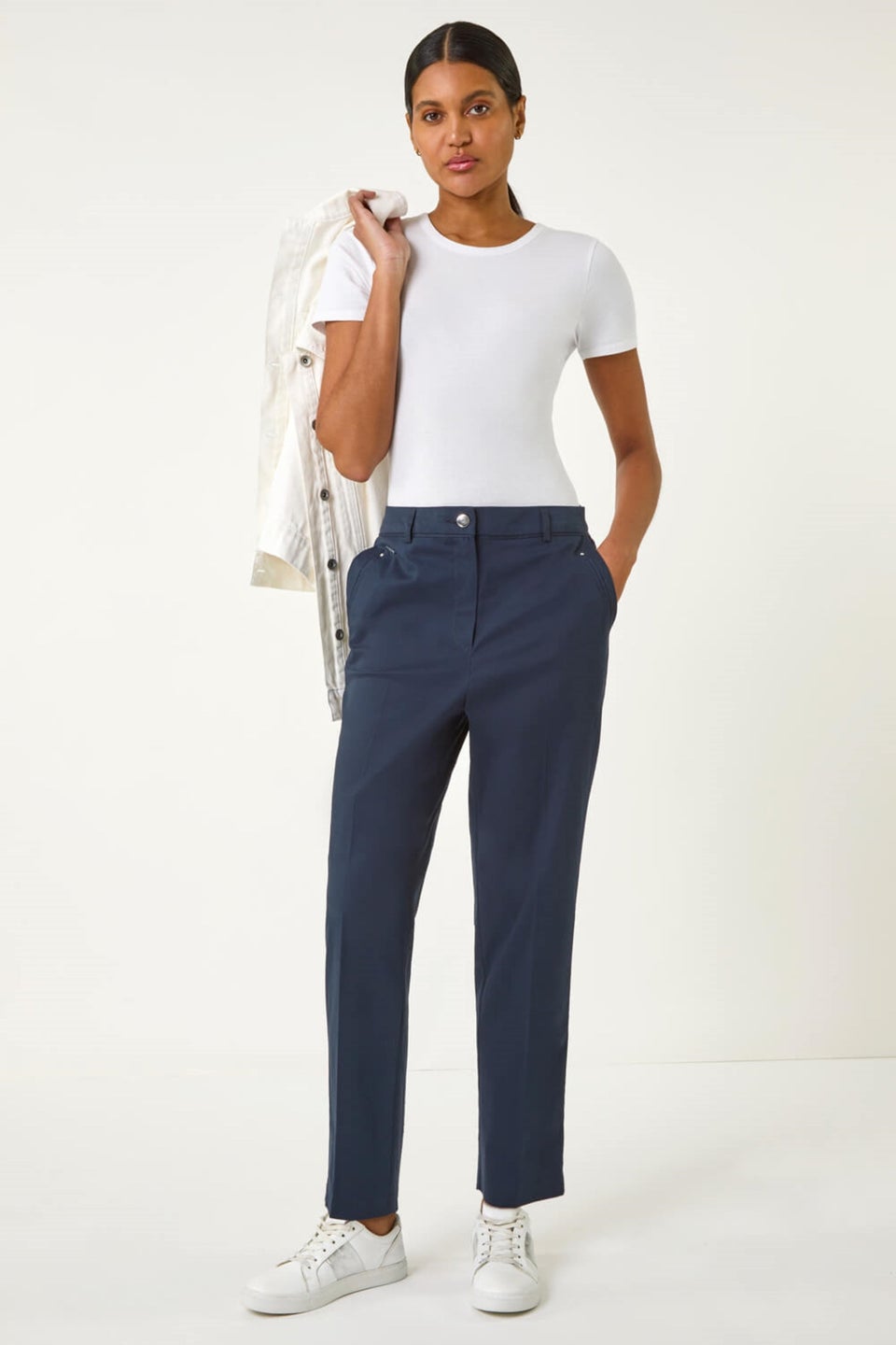 Roman Navy Cotton Full Length Stretch Trouser
