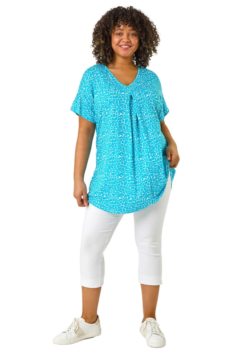 Roman Aqua Curve Pleat Front Printed Stretch Top