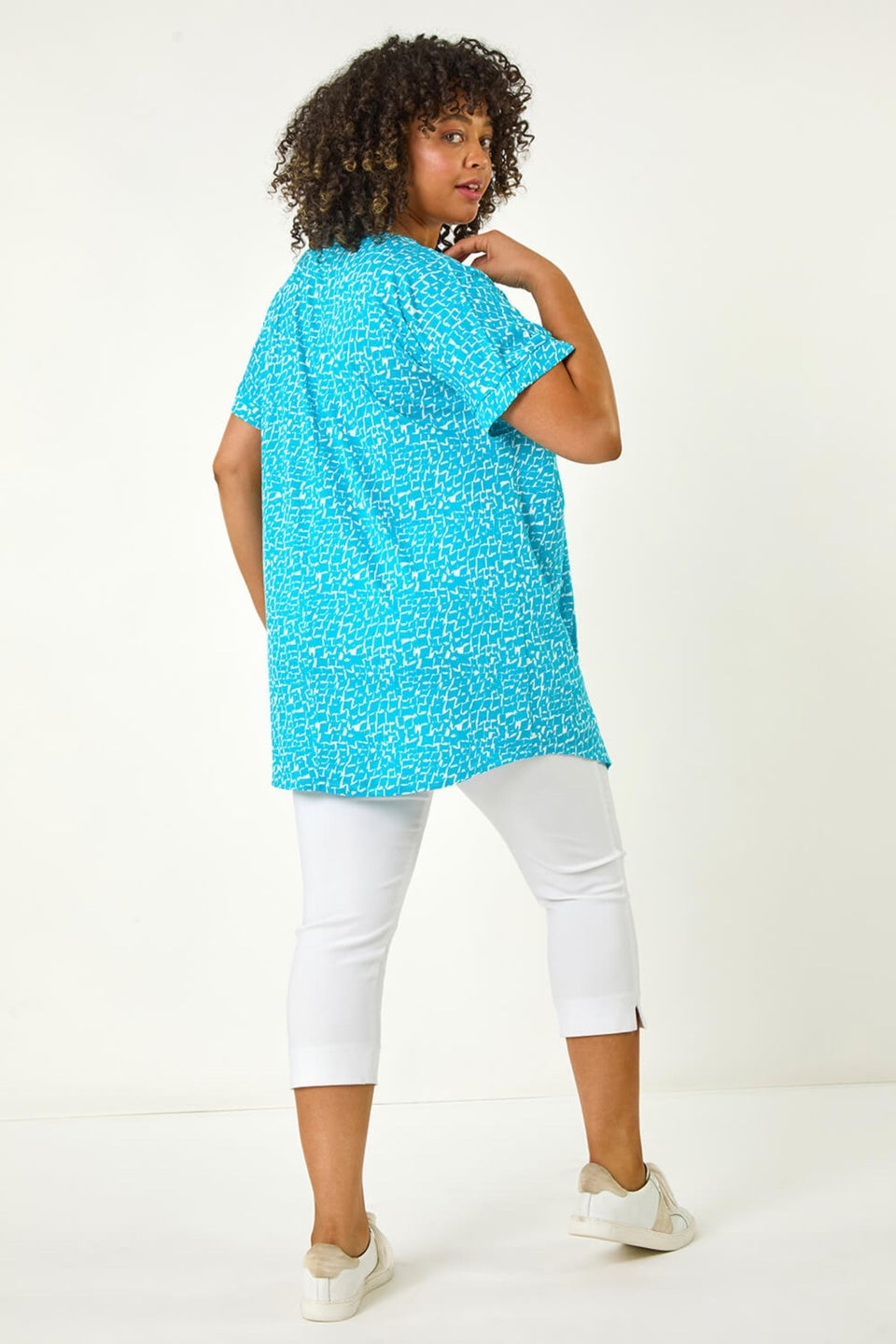 Roman Aqua Curve Pleat Front Printed Stretch Top