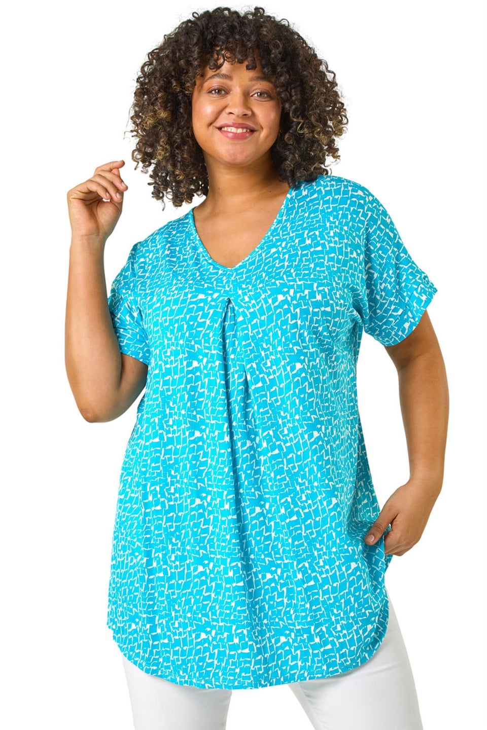 Roman Aqua Curve Pleat Front Printed Stretch Top