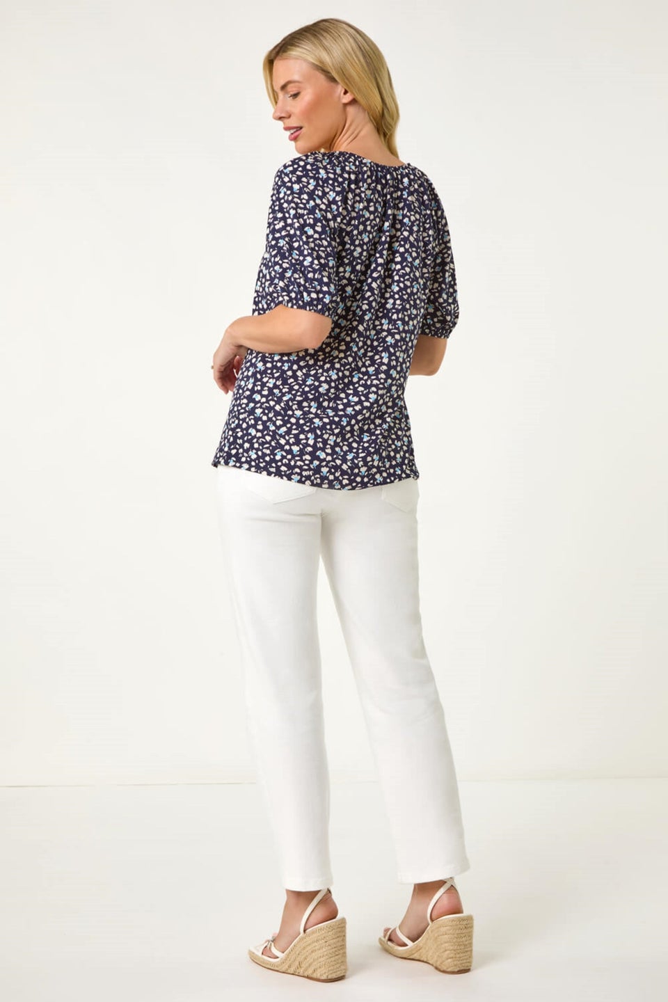 Roman Navy Petite Ditsy Print Button Front Top