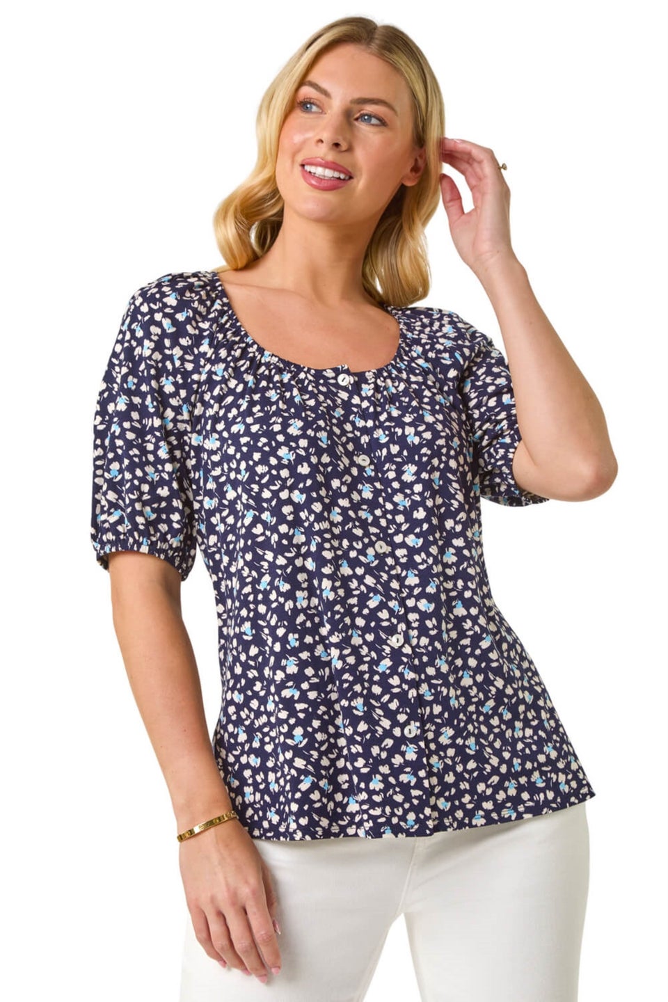 Roman Navy Petite Ditsy Print Button Front Top