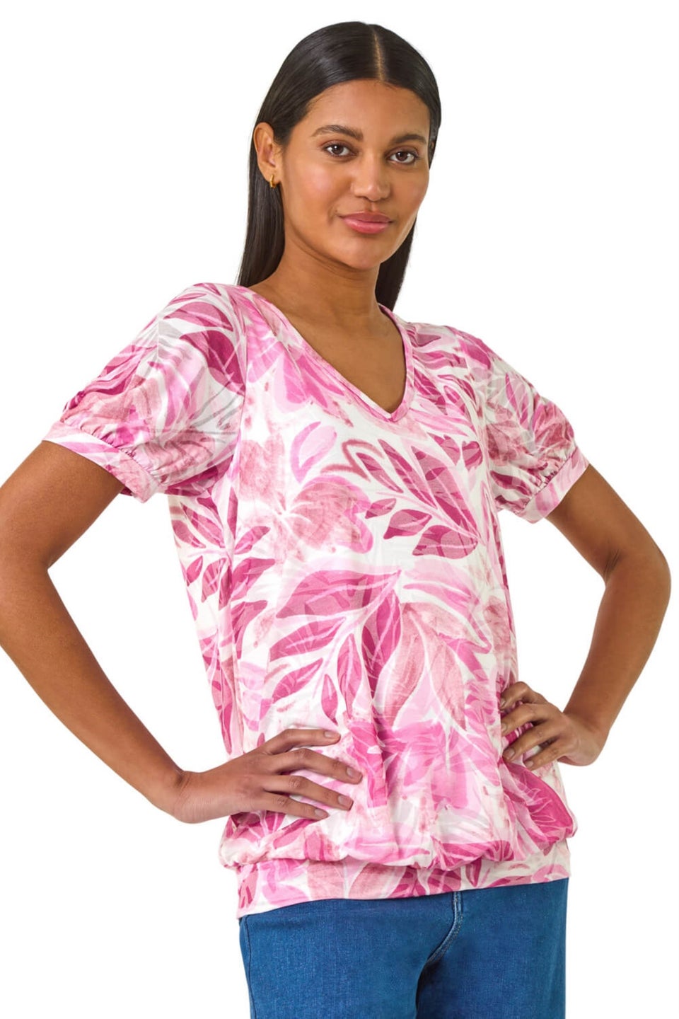 Roman Pale Pink Floral Print Burnout V-Neck Top