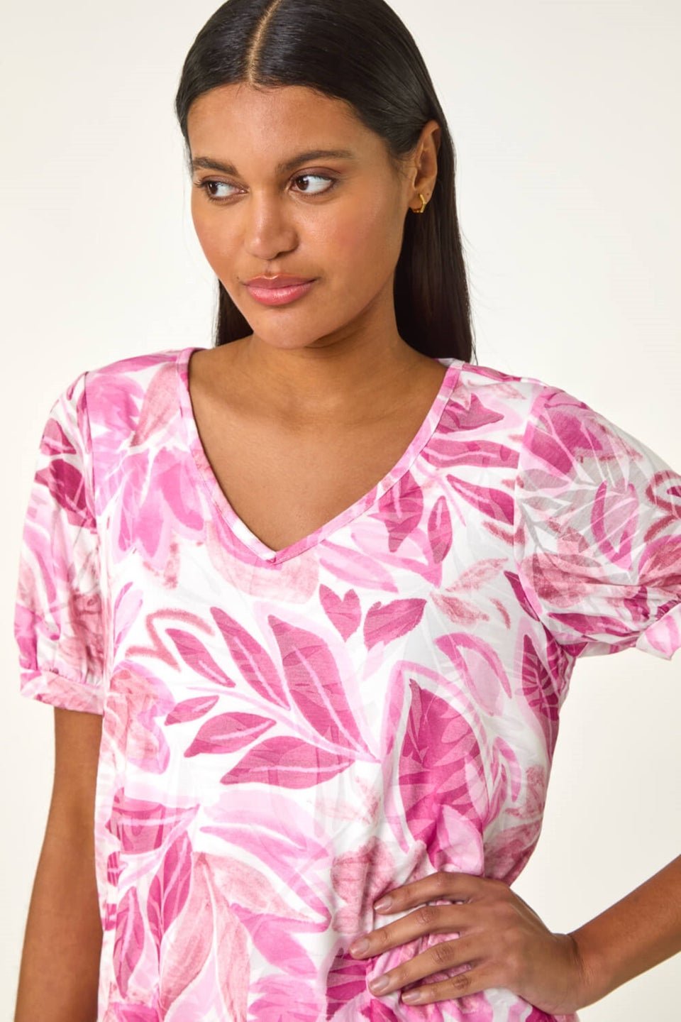 Roman Pale Pink Floral Print Burnout V-Neck Top