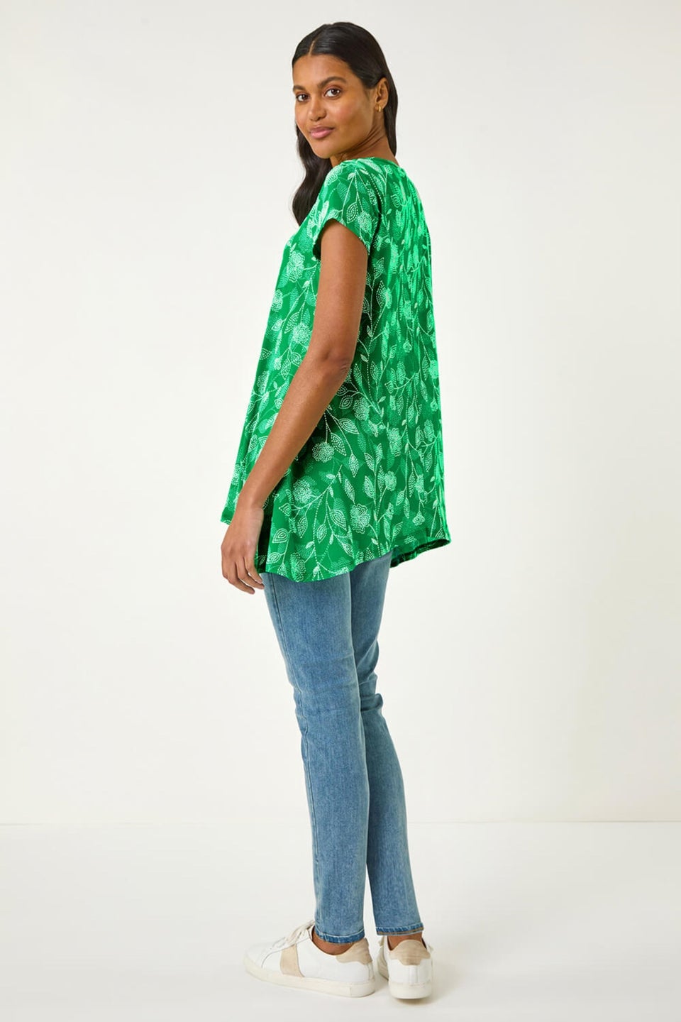Roman Green Textured Floral Print Tunic Top
