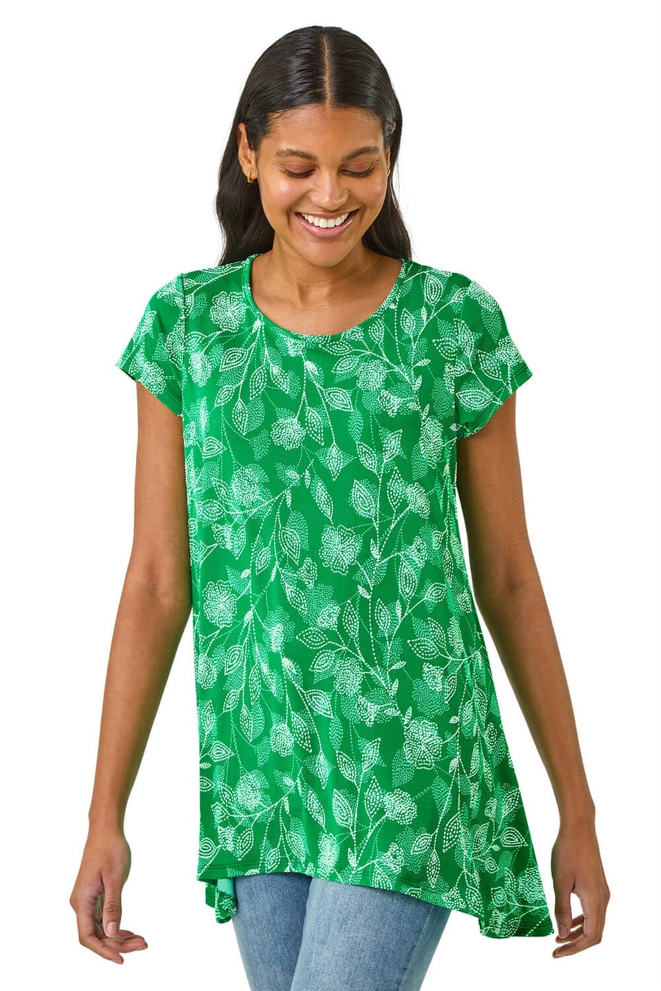 Roman Green Textured Floral Print Tunic Top
