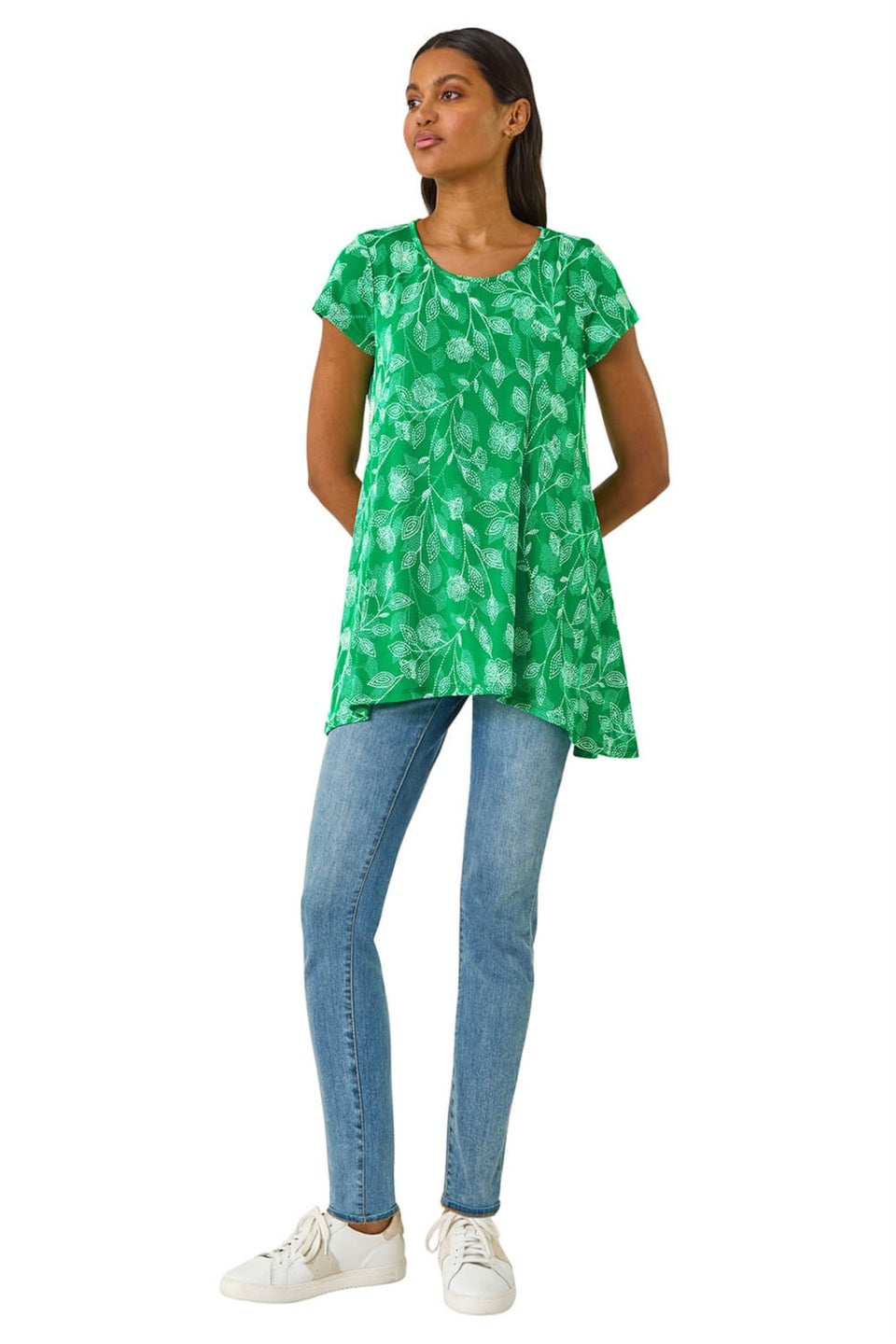 Roman Green Textured Floral Print Tunic Top
