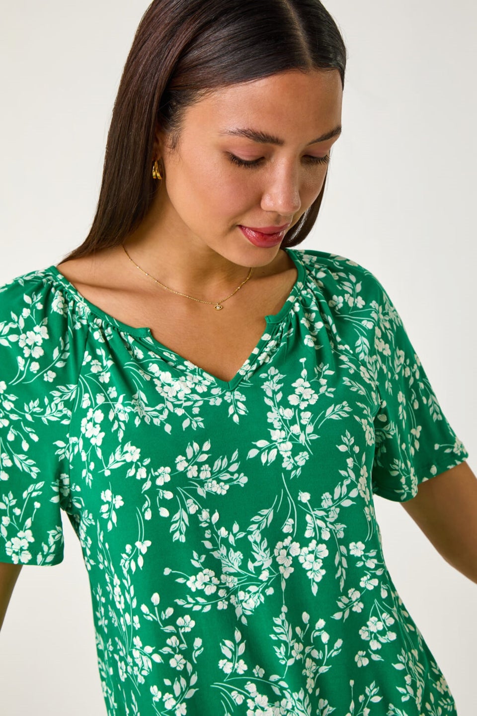 Roman Green Textured Ditsy Floral Print Stretch Top
