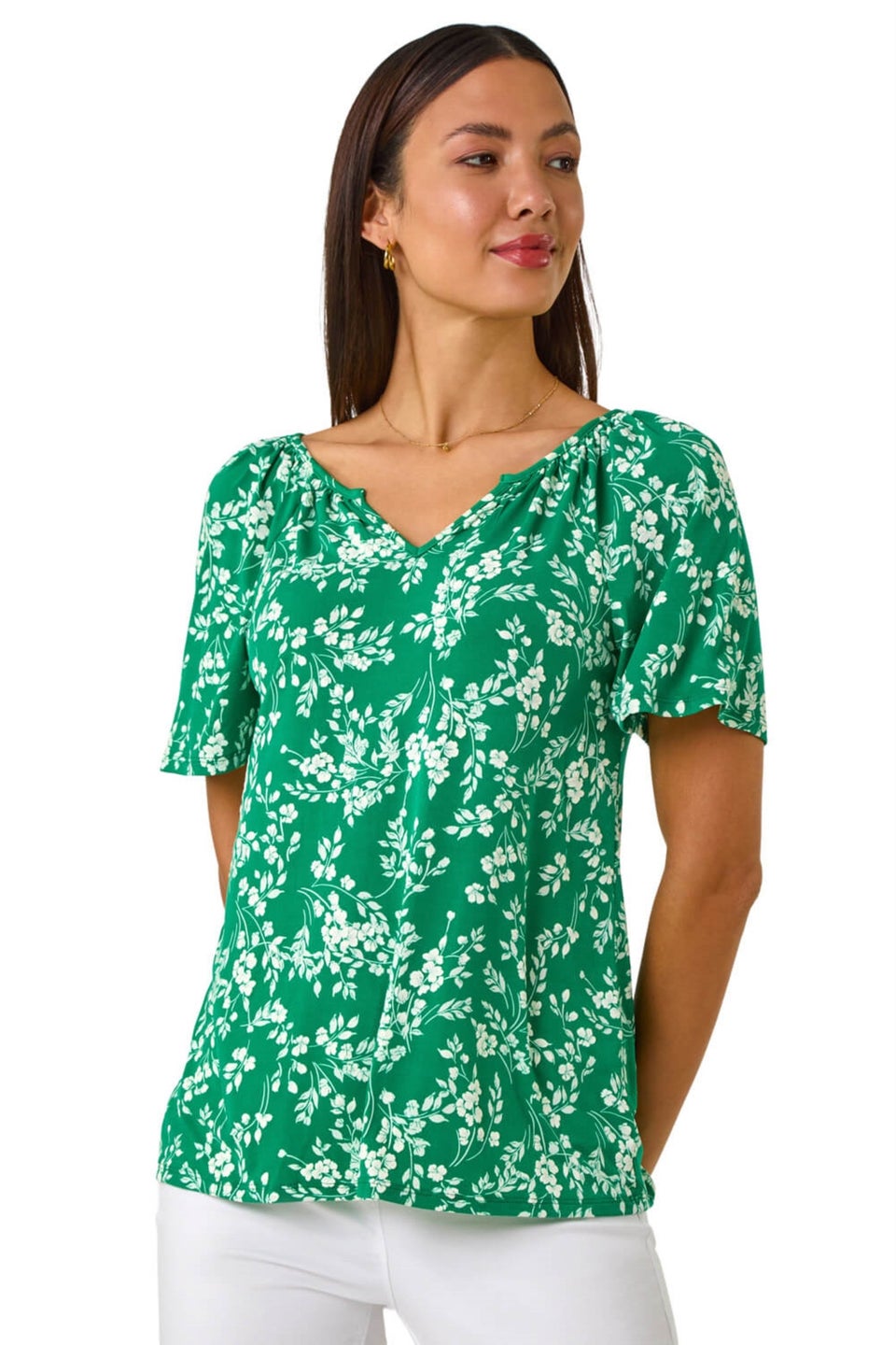 Roman Green Textured Ditsy Floral Print Stretch Top