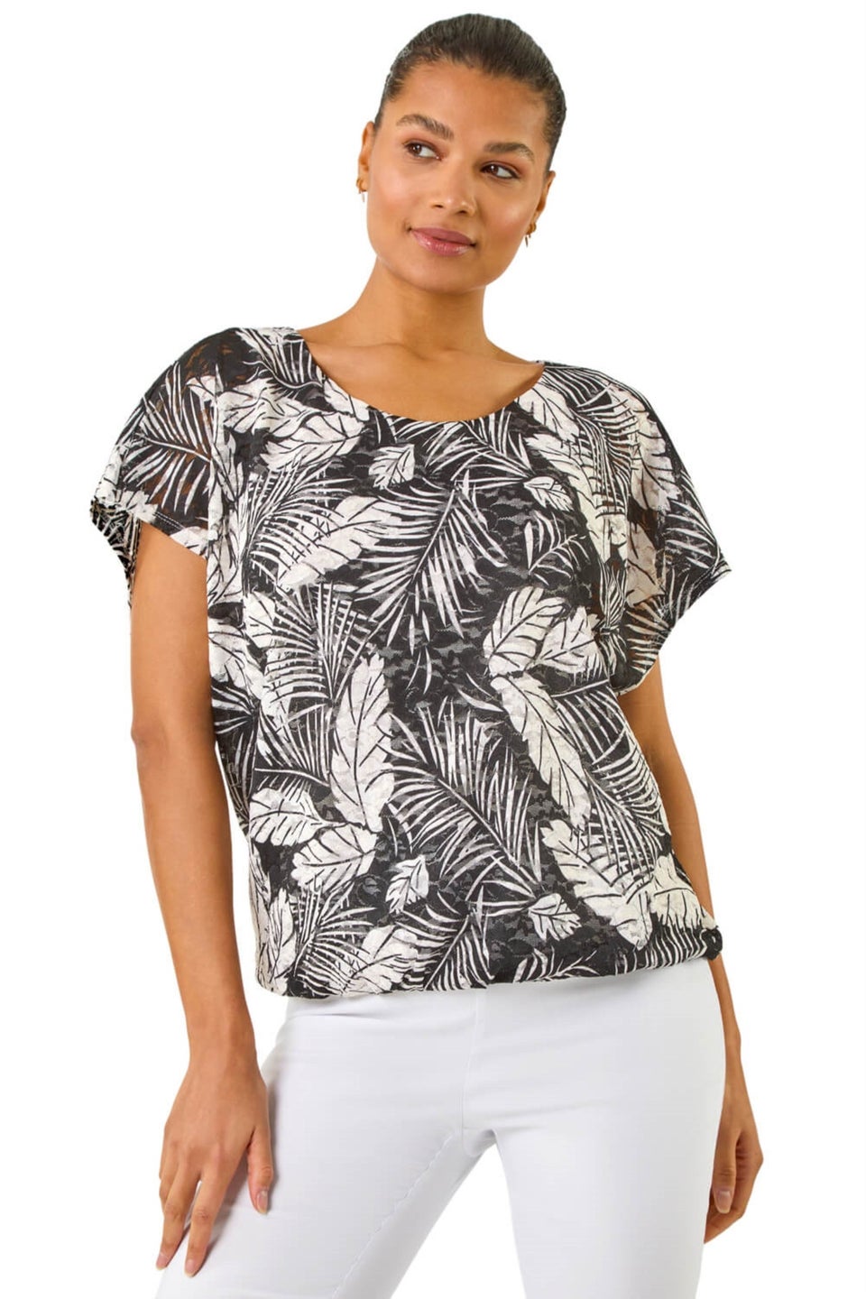 Roman Black Leaf Print Lace Bubble Hem Top