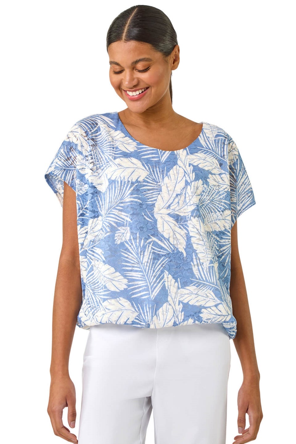 Roman Light Blue Leaf Print Lace Bubble Hem Top