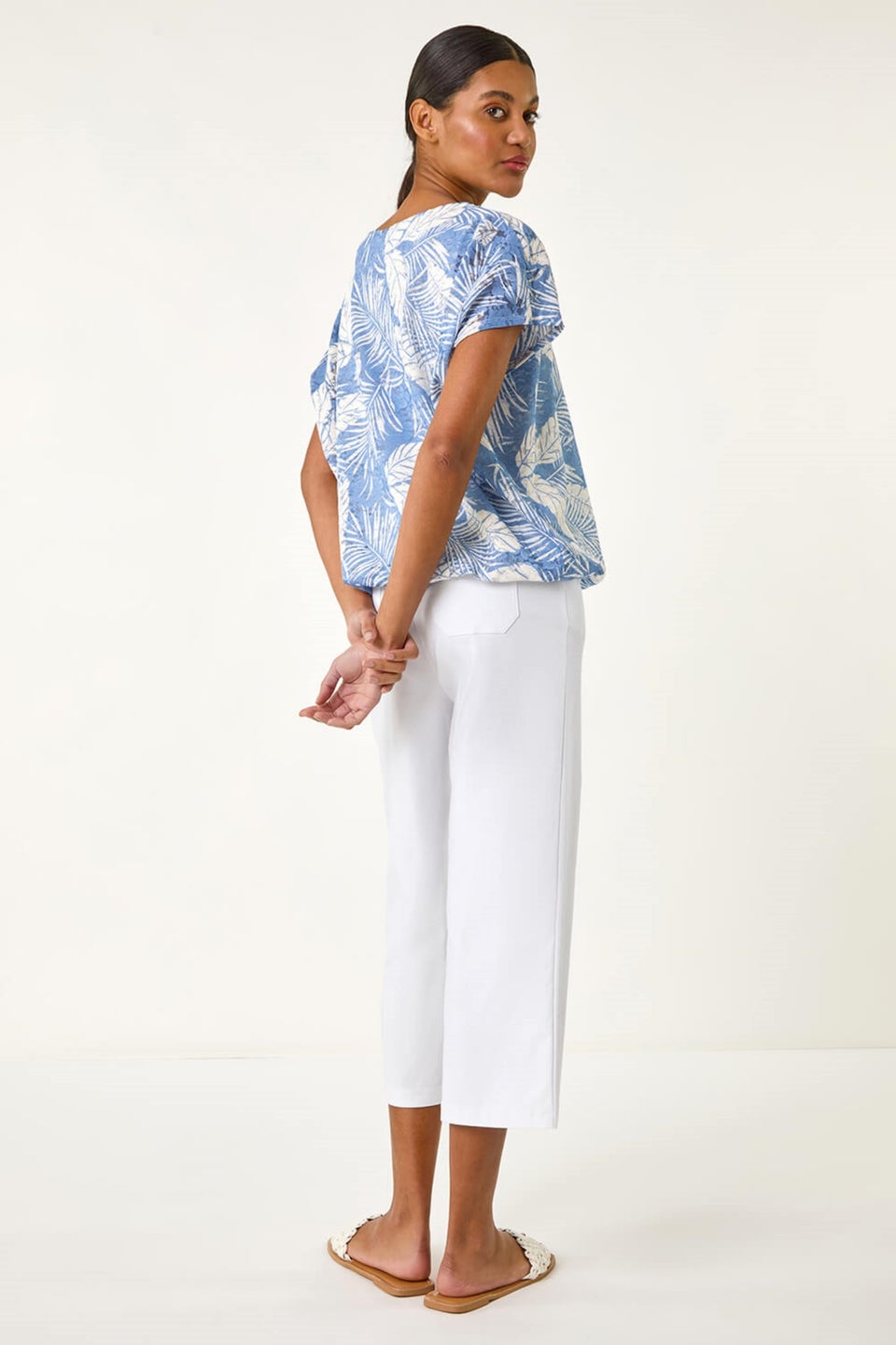 Roman Light Blue Leaf Print Lace Bubble Hem Top
