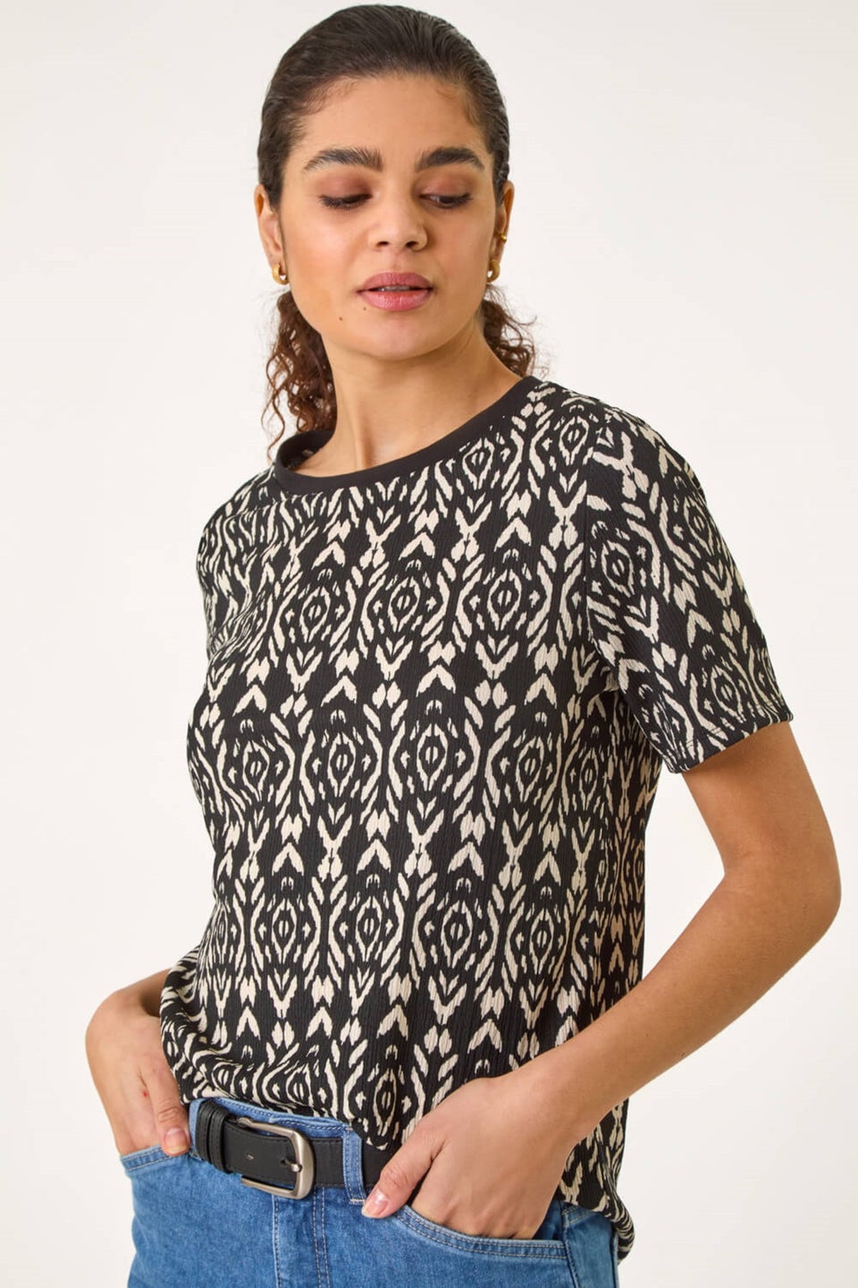 Roman Black Ikat Print Textured Stretch Top