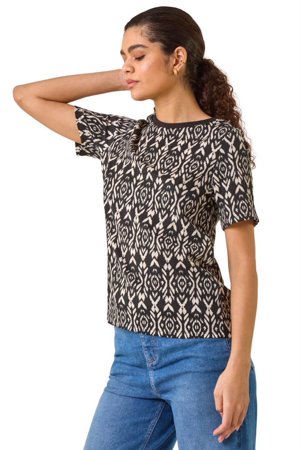 Roman Black Ikat Print Textured Stretch Top