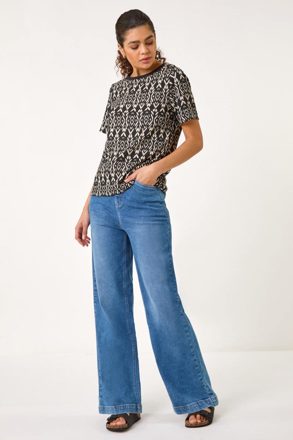 Roman Black Ikat Print Textured Stretch Top