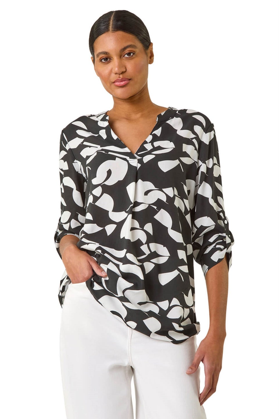 Roman Black Abstract Mono Pleat Detail Top