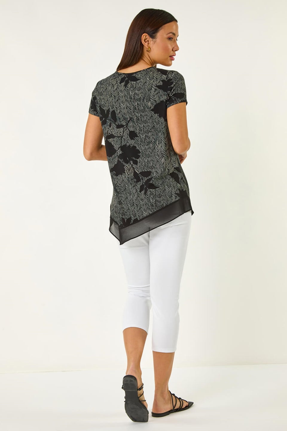 Roman Black Floral Print Chiffon Hem Top