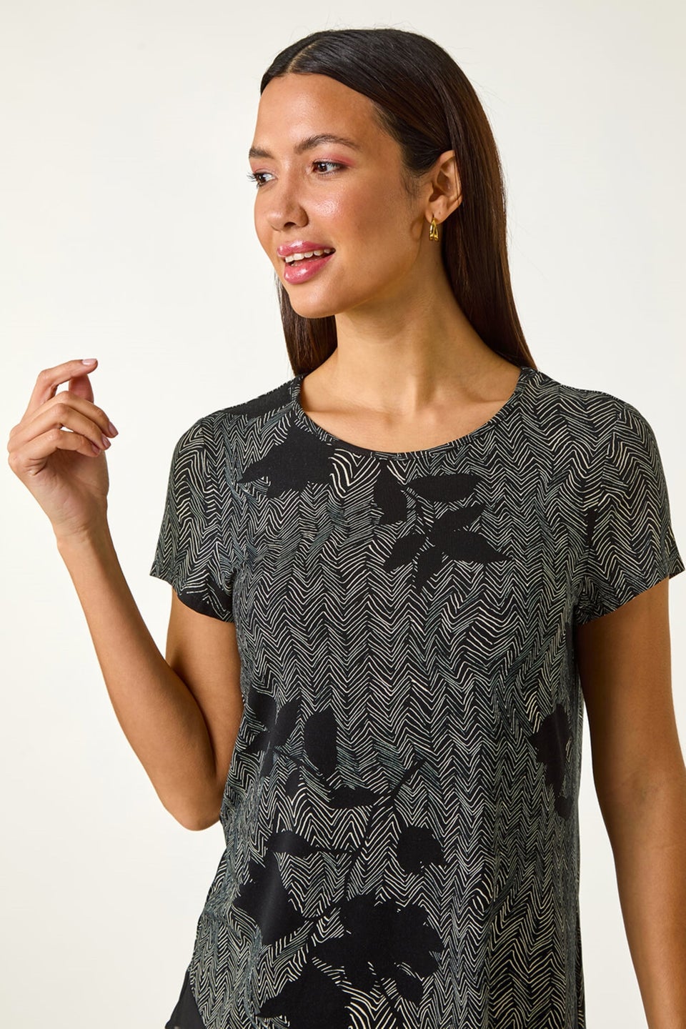 Roman Black Floral Print Chiffon Hem Top