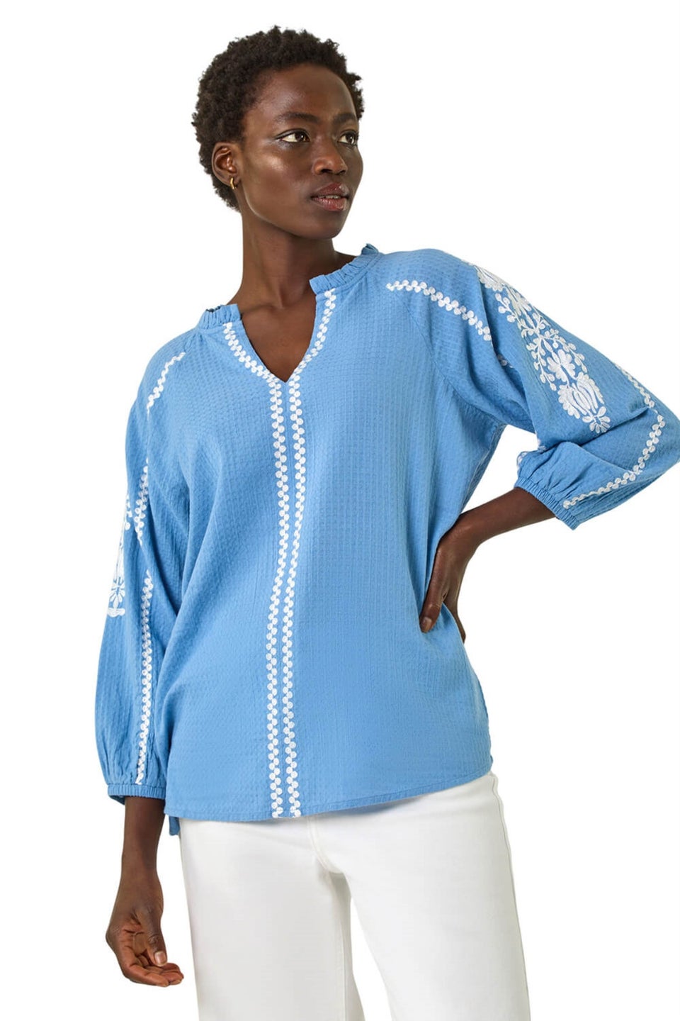 Roman Denim Embroidered Sleeve V-Neck Top