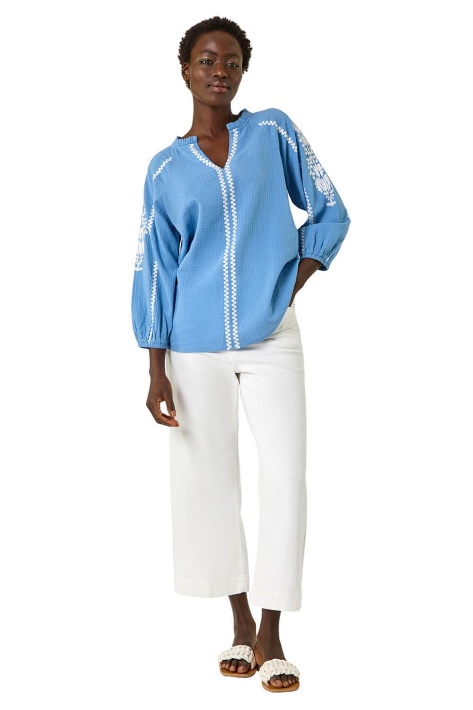 Roman Denim Embroidered Sleeve V-Neck Top